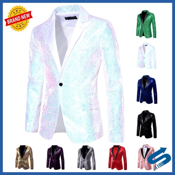 Men's Sequin Blazer One Button Formal Tuxedo Jacket Party Prom